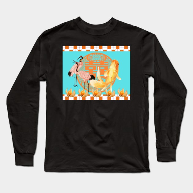 Goldfish & Cranes- Hong Kong Pop Art Bright Orange and Turquoise Long Sleeve T-Shirt by CRAFTY BITCH